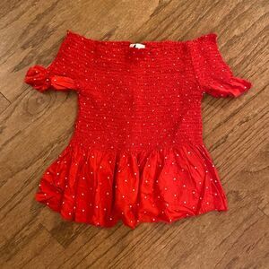 Japna size small shirt, red with white dots, top part is elastic and stretchy